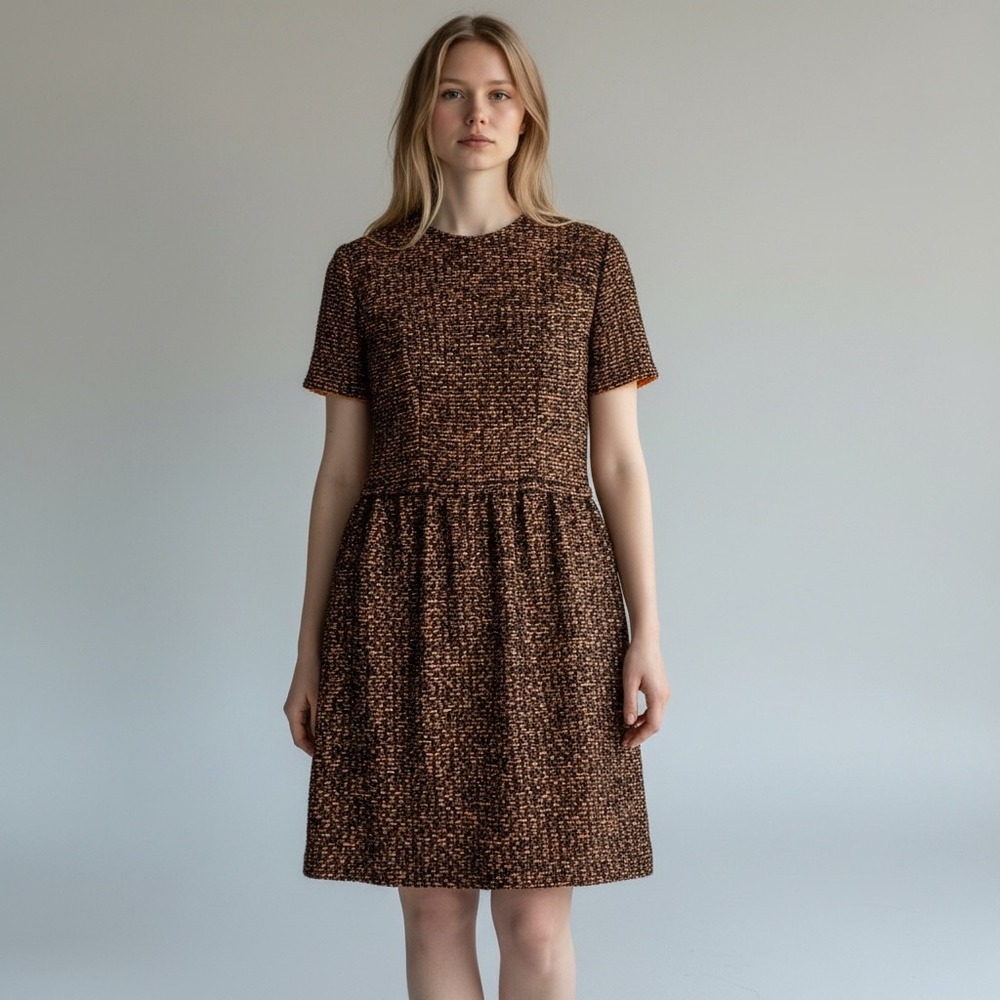Handmade Vintage Dress Women M/L Orange Brown Tweed 60s Mod ALine Midi Retro MCM